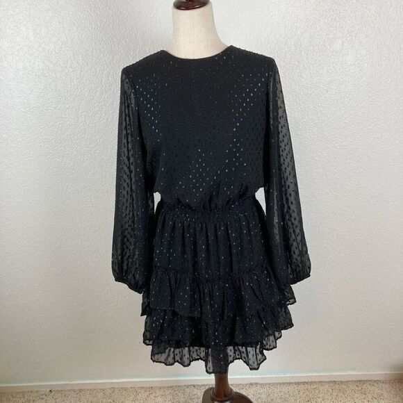 Express black metallic clip dot whimsygoth tiered long sleeve mini dress size M - Picture 1 of 9